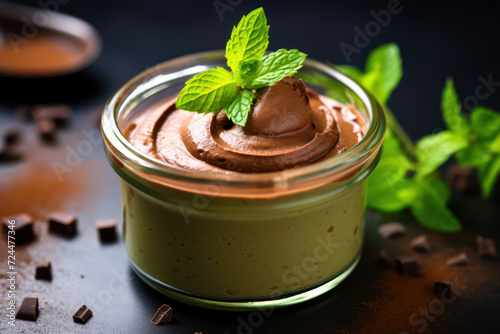 
Photo of a vegan avocado chocolate mousse, garnished with mint, in a small glass jar