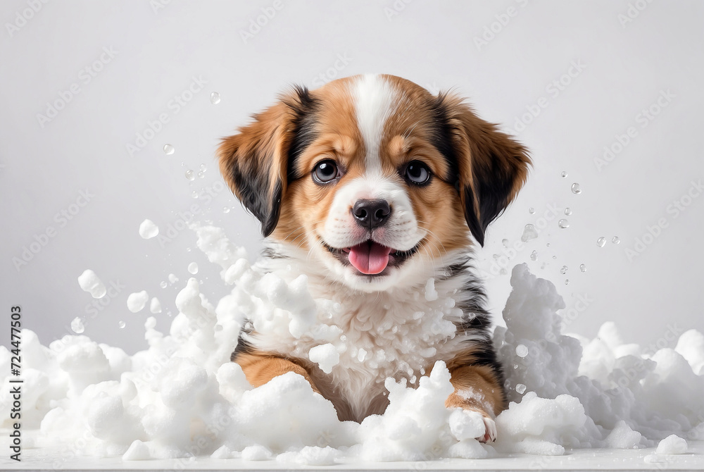 cute puppy in soap foam and bubbles in the bathroom. bathing and hygiene of animals - obrazy, fototapety, plakaty 