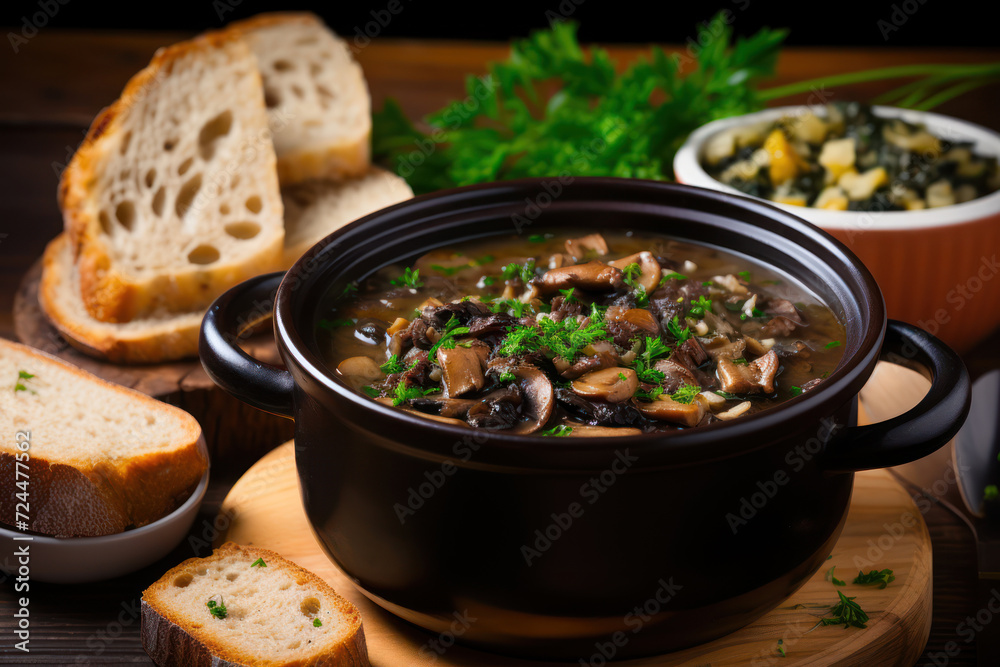 A vegan wild rice and mushroom soup, in a ceramic mug, with crusty bread on a wooden board