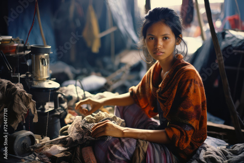 
Photograph of a 25-year-old Indonesian woman, weaving traditional crafts to sell, amidst the shanties of a Jakarta slum