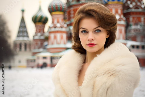 Russian bride in an elegant fur-trimmed dress, in the snowy landscape of Red Square, Moscow
