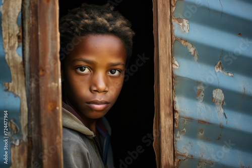 A young South African boy, aged 12, looking out from the doorway of his corrugated iron shack in a Johannesburg township photo