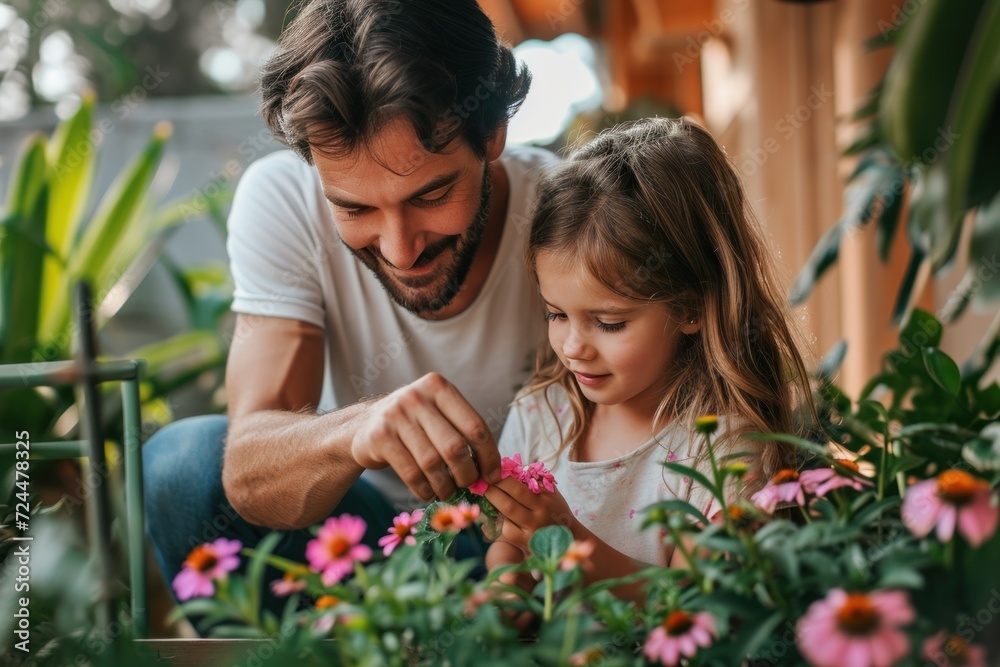 Father and daughter planting flower together on balcony