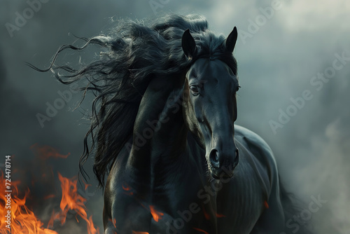 A majestic mustang horse with a flowing mane races through the fiery landscape, embodying freedom and strength © Cheport