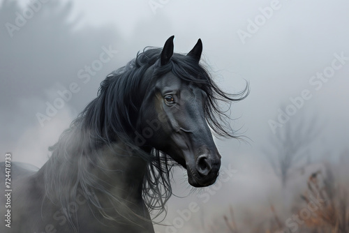 Against a moody sky  a majestic mustang stallion with a flowing black mane stands proudly in a foggy field  embodying the untamed spirit of nature