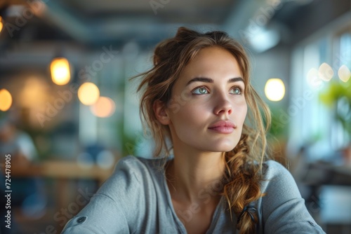 Contemplative startup businesswoman sitting in the creative office and looking away Think of new business ideas