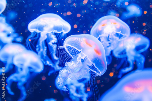 Glowing jellyfish gracefully drifting underwater, their tentacles trailing in a deep blue oceanic backdrop. © NORN