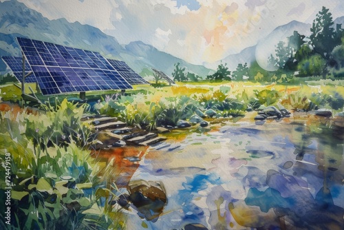 A soft watercolor painting of a tranquil scene with solar panels integrated into a natural landscape, blending technology with nature