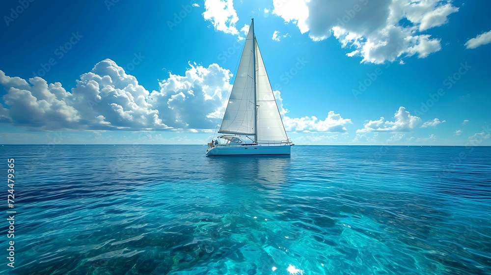 Sailing Away: A sailboat on crystal-clear waters under a bright blue sky, symbolizing the freedom and adventure of summer.