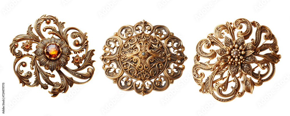 3 Old fashioned brooch made of gold with intricate design set against a transparent background