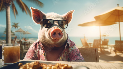 Piglet Beach Retreat: A Photo of a Pig Relaxing on the Shoreline in Sunglasses and by the Sea photo