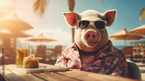 Porky Paradise: A Photo of a Pig Lounging on the Beach, Wearing Sunglasses, and Soaking in the Sea photo