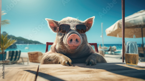 Swine Serenity: A Pig Relaxing on the Beach, Sporting Sunglasses, and Enjoying the Sea photo