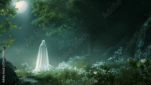 An ethereal lightbringer standing in a lush otherworldly forest their glow eclipsing the moon and lighting the way for nocturnal creatures. photo