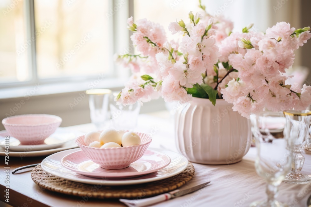 table setting with spring flowers for Easter celebration. ai generated