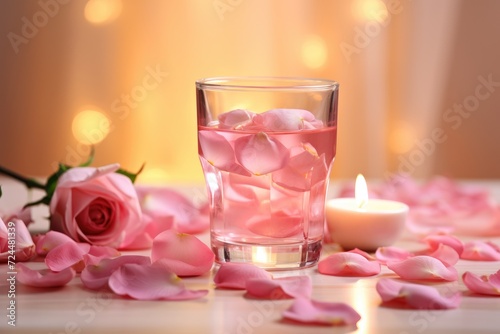 Rose Petal Romance  Rose-infused water in a romantic glass  with delicate rose petals.
