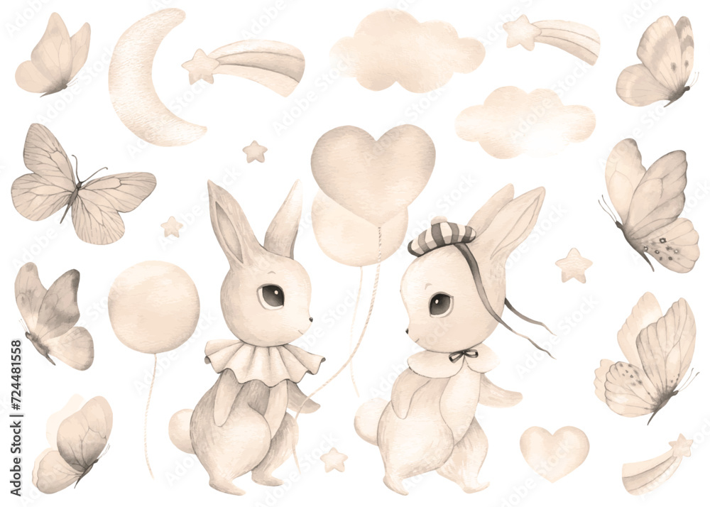 Watercolor illustration of cute bunny, rabbit, hare with sepia, heart balloon. Brown set of cutie animal portrait in pastel colors with skirt, collar, bow. Stickers, wall art, kids room decor, easter