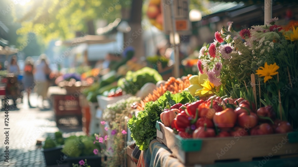 Farmers' Market Bounty, farmers' market scene with stalls brimming with fresh produce and flowers, background image, generative AI