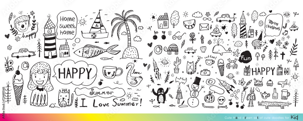 Vector illustration of Doodle cute for kid, Hand drawn set of cute doodles for decoration,Funny Doodle Hand Drawn, Summer, Doodle set of objects from a child's life,Cute animal