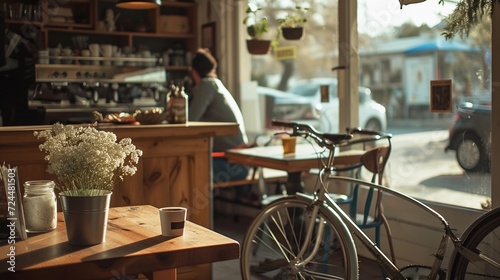 Bike and Coffee, cyclist taking a break at a cozy cafe with a bike parked nearby, background image, generative AI