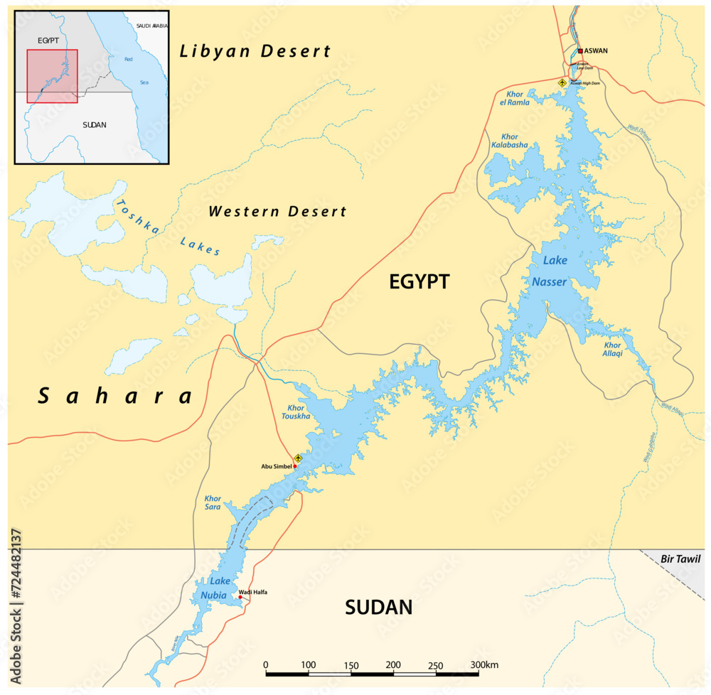 Vector map of Lake Nasser reservoir, Egypt, Sudan