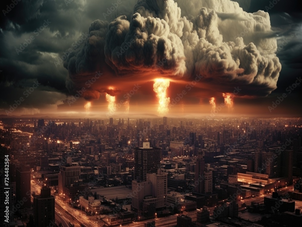 Nuclear Explosion Concept. Terrorism, Nuclear war threat, asteroid collision, Nuclear blast, mushroom cloud, War and Destruction