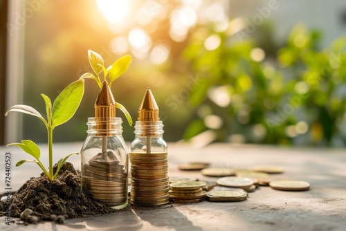 Sustainable financial growth concept with coins in glass bottles topped with drip irrigators and a young plant, symbolizing eco-friendly investment and wealth nurturing