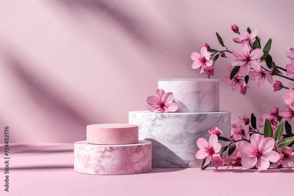 pink marble podiums with delicate cherry blossoms for a spring-themed product showcase on a soft pink backdrop pink marble podiums with delicate cherry blossoms for a spring-themed product showcase on a soft pink backdrop