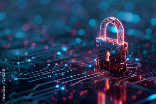 neon-lit digital padlock on circuit board, concept of advanced network security and encryption in data technology infrastructure