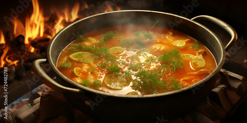 goulash bubbling in a cast iron pot over open flames