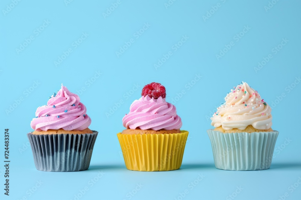 Colorful Cup Cakes Isolated on Pastel Blue Background, Copy Space Style
