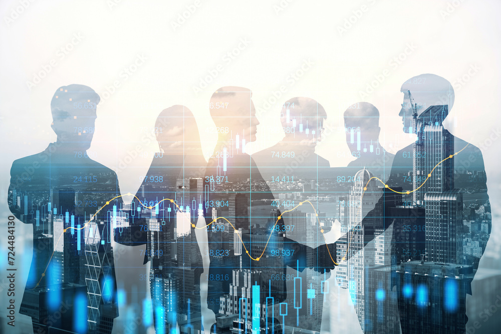 Group of businesspeople standing on blurry city backdrop with forex chart. Trade and finance concept. Double exposure. - obrazy, fototapety, plakaty 