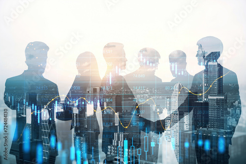 Group of businesspeople standing on blurry city backdrop with forex chart. Trade and finance concept. Double exposure. photo