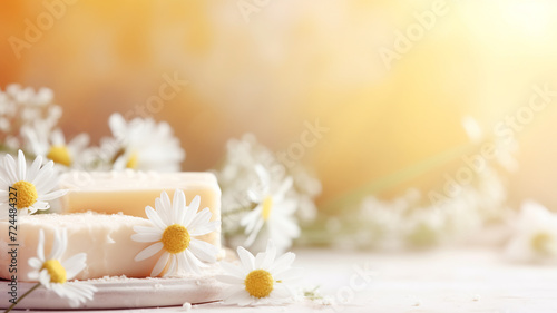 Handcrafted soap bars with chamomile flowers on a wooden table bathed in warm sunlight copy space banner text 