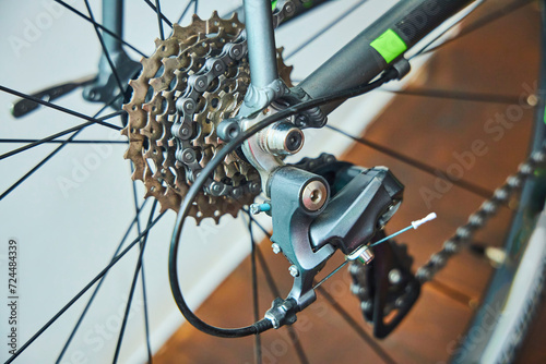 Sports road bike, close-up of parts and equipment.