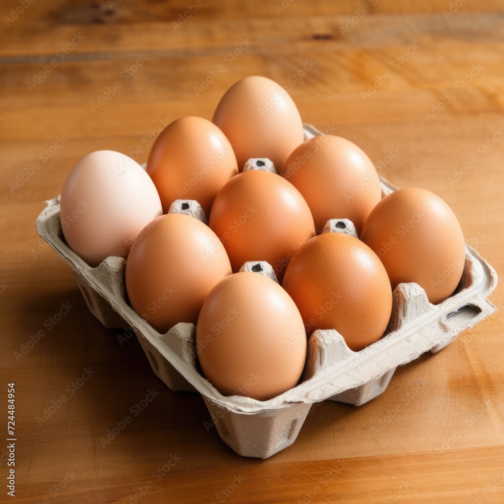 Open egg box isolated on wooden table background. ai generated Open egg box isolated on wooden table background. ai generated