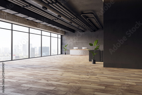 Urban office with city views, modern reception desk, and exposed ceiling pipes. 3D Rendering