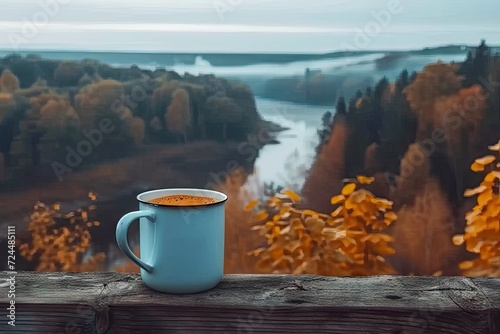 Relaxing outdoor coffee break with scenic lake view. Vintage style morning espresso in rustic wooden setting warm sunlight and nature. Aromatic beverage. Fresh cappuccino on table tranquil riverside