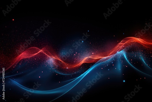 Dynamic abstract Blue and red waves, bright particles over black background. Sound and music visualization
