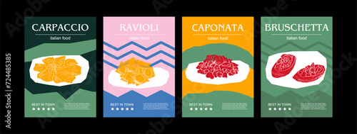 Italian food set vector illustration. Engraved carpaccio, ravioli, caponata, bruschetta, bundle of traditional dishes, homemade and restaurant dinner dishes and sauces cooking in cuisine of Italy