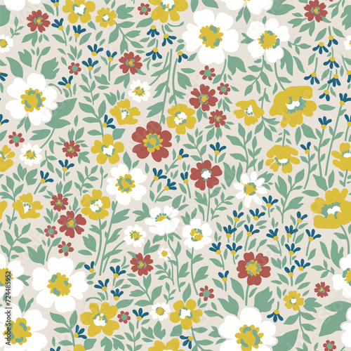 Yellow, white and brown seamless vector stock small flowers with a pattern of gently green leaves on a light background.