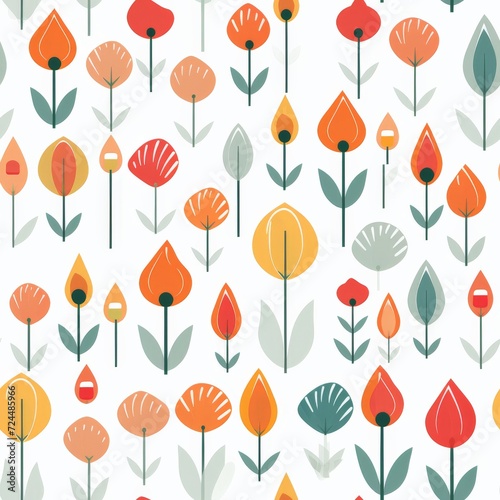 Pattern of Flowers and Leaves on White Background