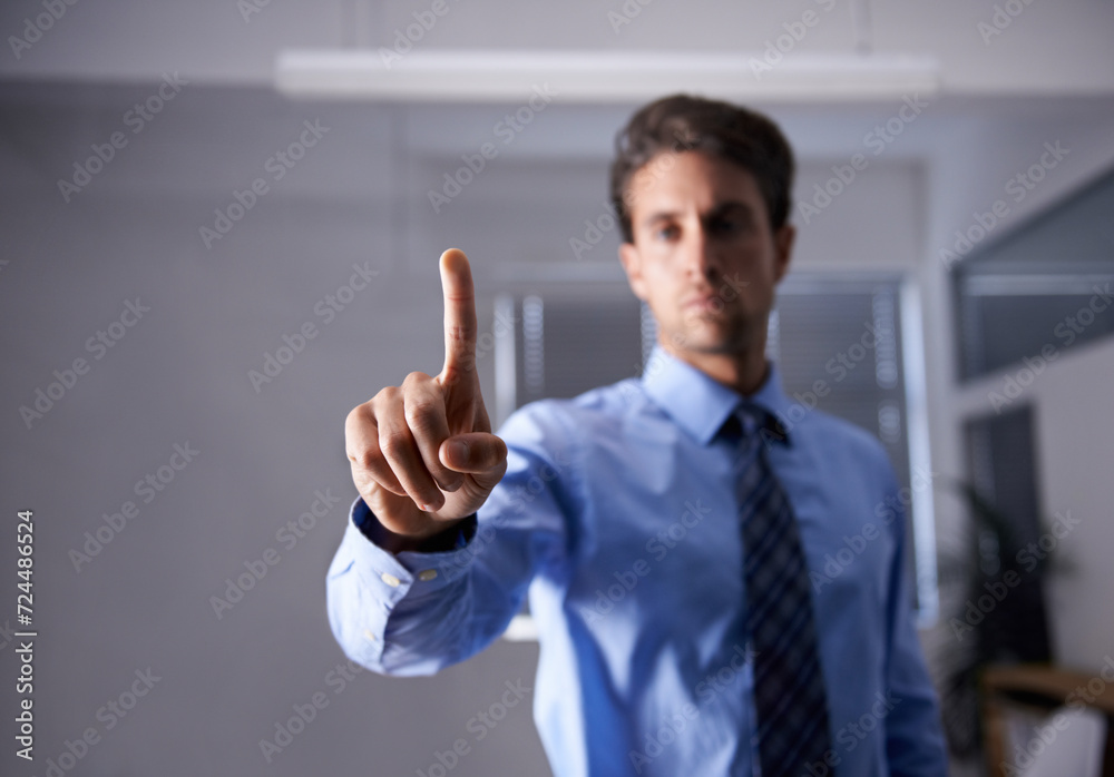 Businessman, touch and finger interface for futuristic technology, glasses and tech innovation in office. Entrepreneur, virtual or search with hand on screen, choice or serious professional at work Businessman, touch and finger interface for futuristic technology, glasses and tech innovation in office. Entrepreneur, virtual or search with hand on screen, choice or serious professional at work