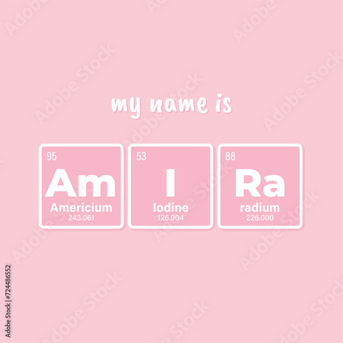 Vector inscription name AMIRA composed of individual elements of the periodic table. Text: My name is. Purple background