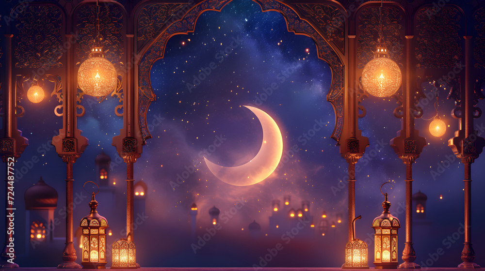 ramadan arch with crescent and arabic lamp or lantern