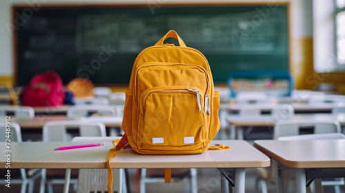 yellow backpack on a white desk in a classroom with a green chalkboard in the background