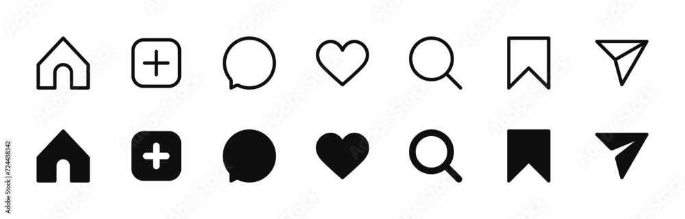 Social Media Icon Set - Home, Like, Add Post, Search, Comment, Share, Save Symbols Social Media Icon Set - Home, Like, Add Post, Search, Comment, Share, Save Symbols
