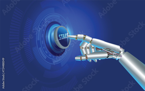  robotic arm looks like a human hand, cybernetic creature with artificial intelligence turn on the start button. Concept of start up and technology.