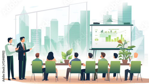 Business Mentorship: Male Office Employee Conducting Interviews and Delivering Explanations to Staff. Vector Graphic