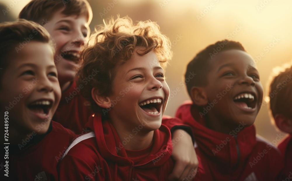 Joyful Young Soccer Team Celebrating Victory. 
